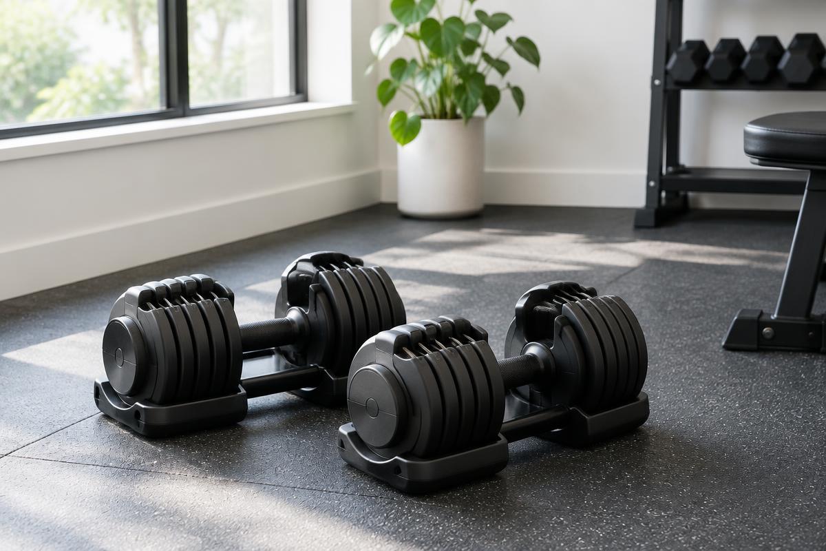 A pair of adjustable dumbbells on the floor of a home gym
