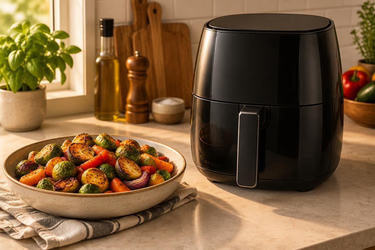 An air fryer on a kitchen counter beside a bowl of roasted vegetables