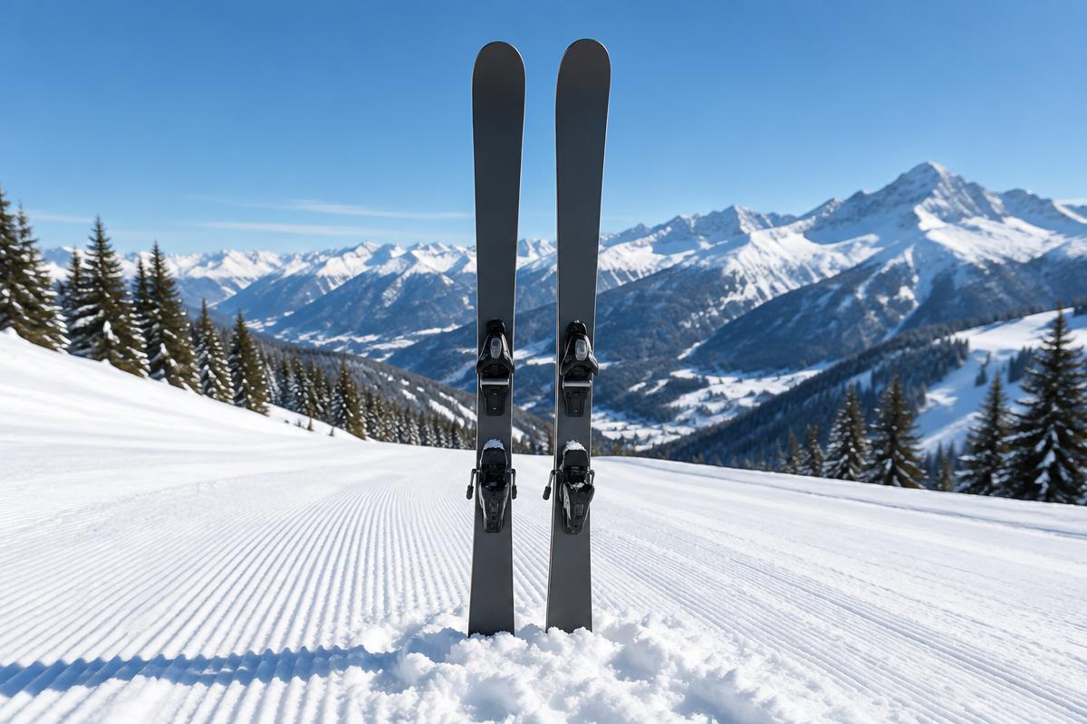Skis standing upright in the snow on a freshly groomed mountain run