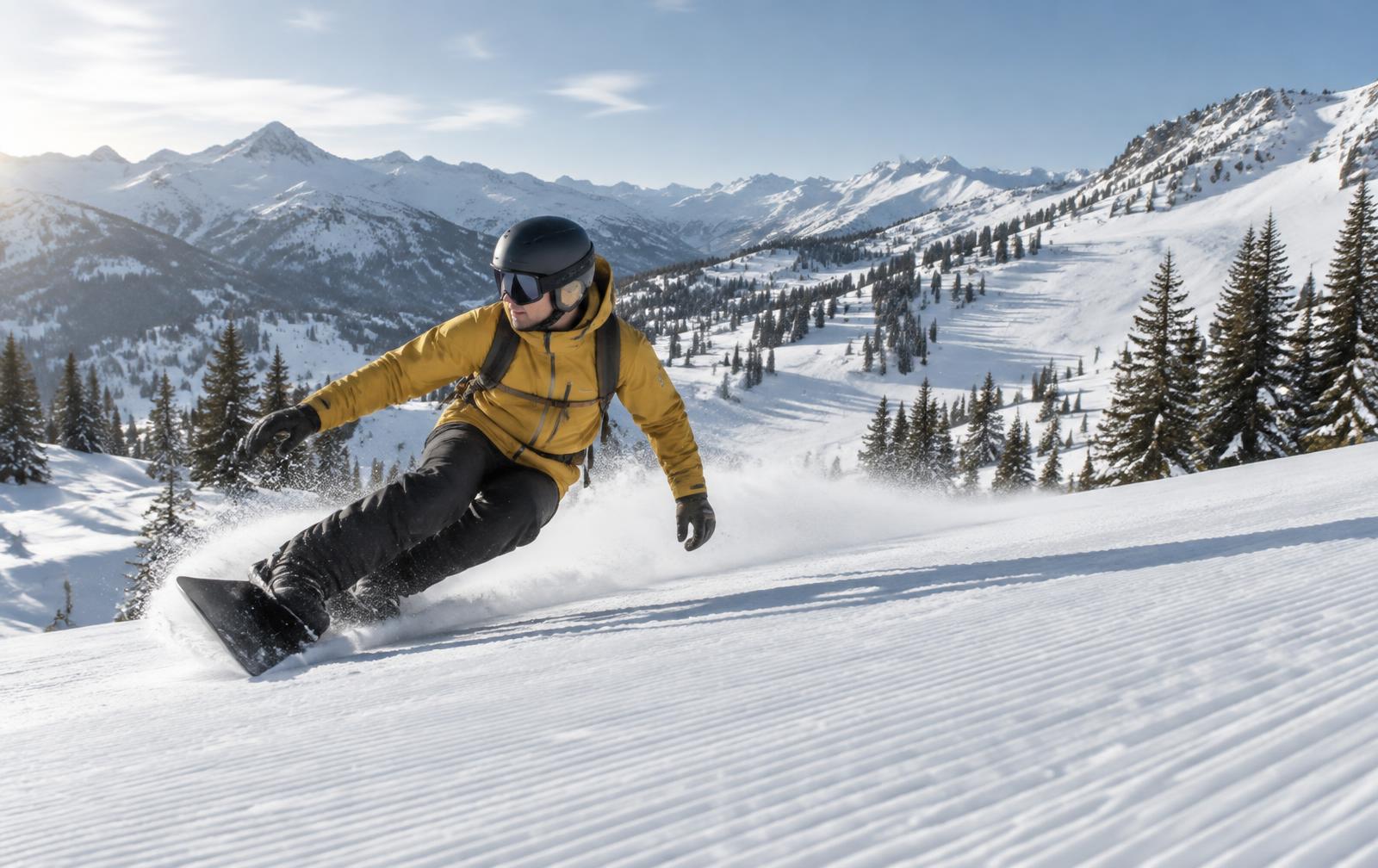 A snowboarder in a mustard jacket carving a heelside turn on a groomed run with pine trees and mountains behind