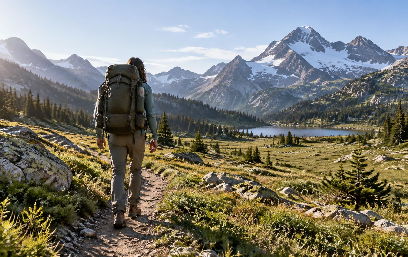 A backpacker with a large pack walking a meadow trail toward a lake and snowy peaks