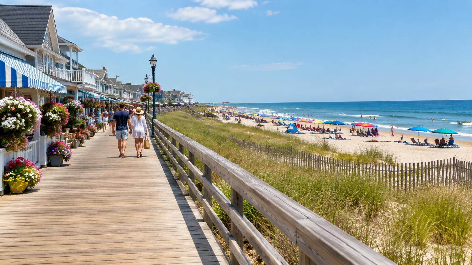 A wooden boardwalk beside dunes and a busy summer beach
