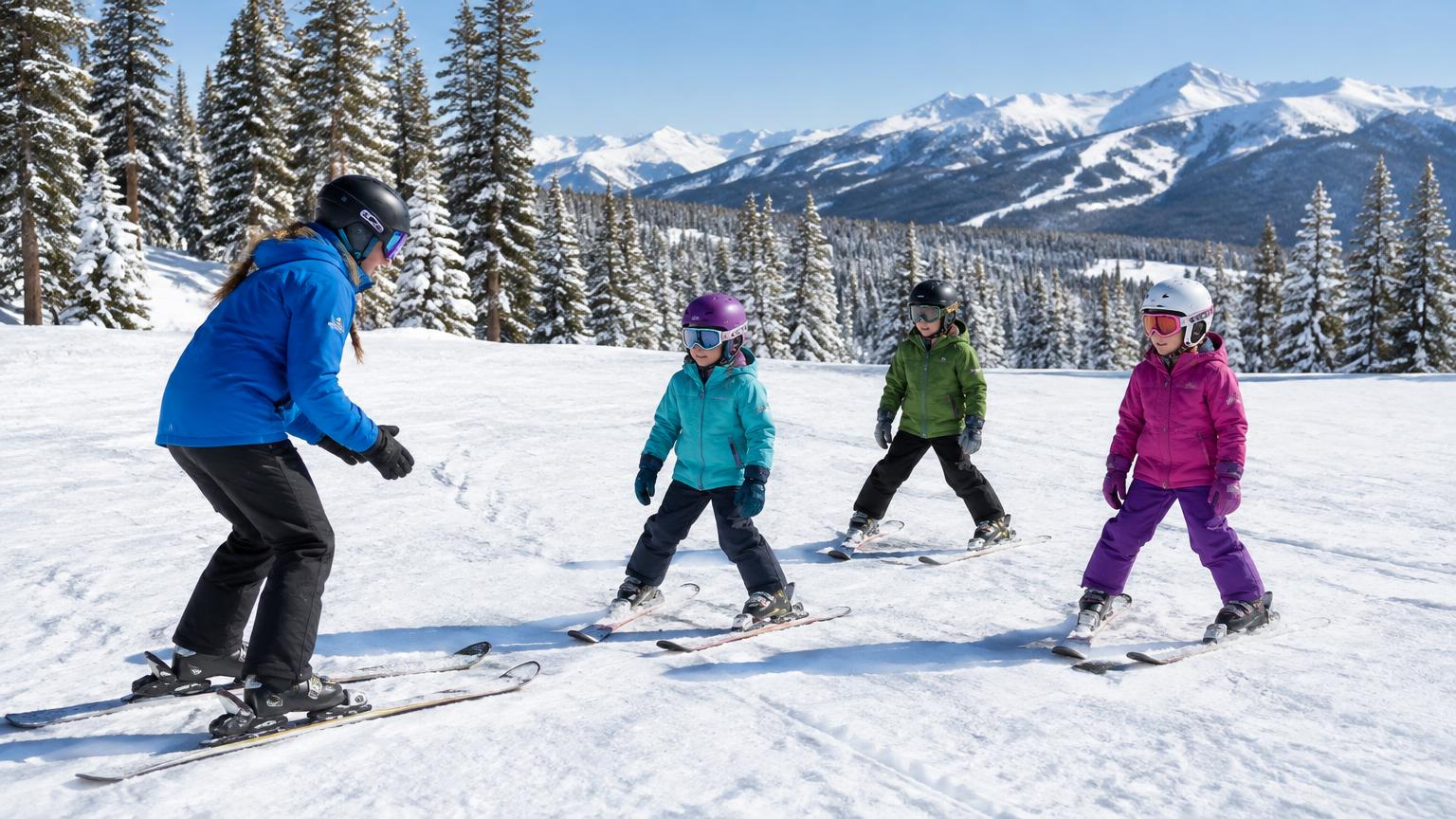An instructor teaching children to ski on a gentle sunny slope