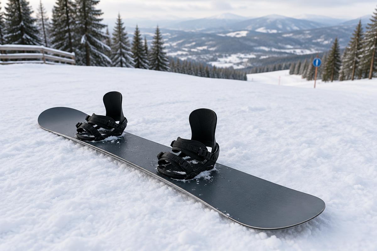 A snowboard lying on fresh snow at the top of a gentle slope