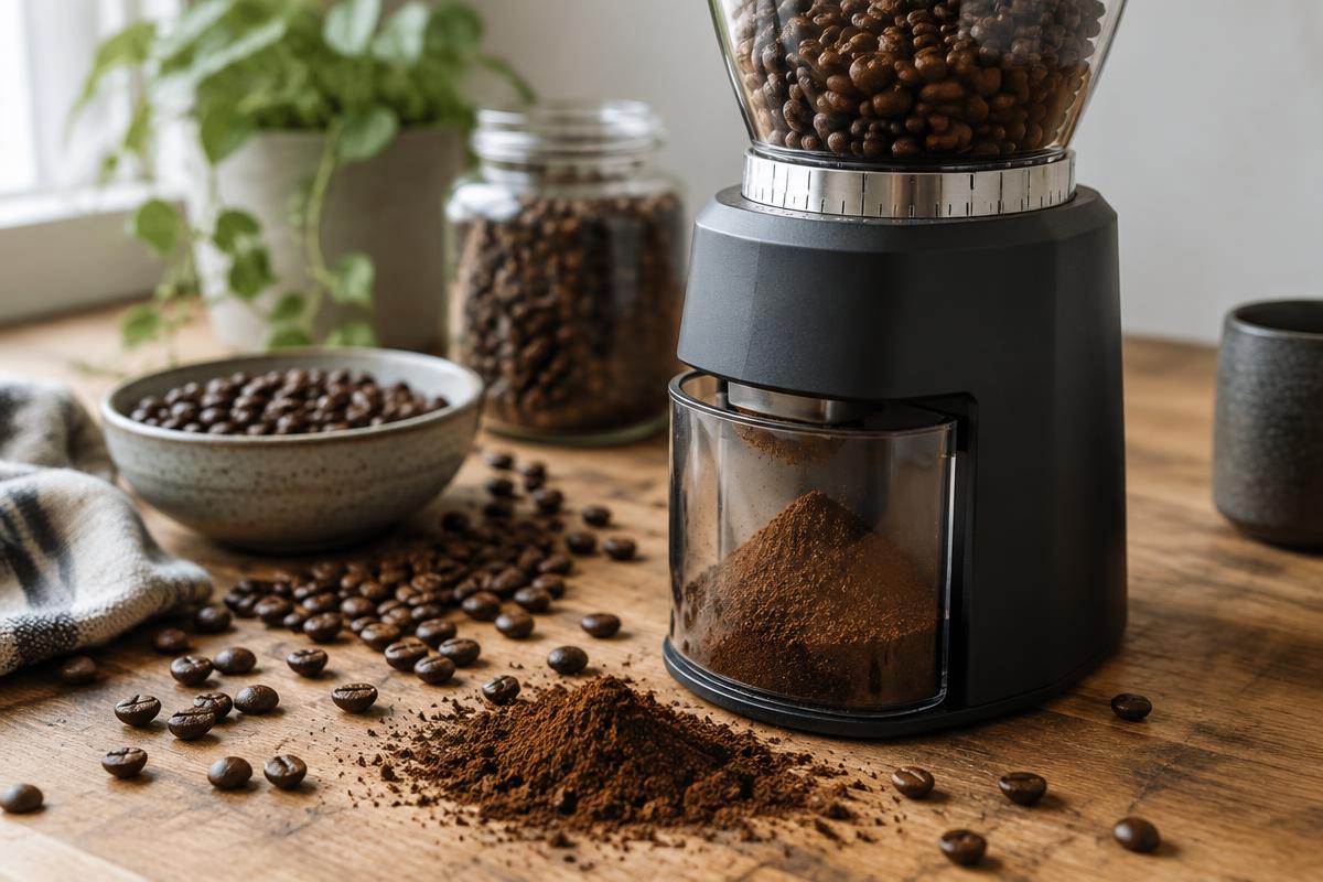 A burr grinder on a wooden counter surrounded by coffee beans and fresh grounds