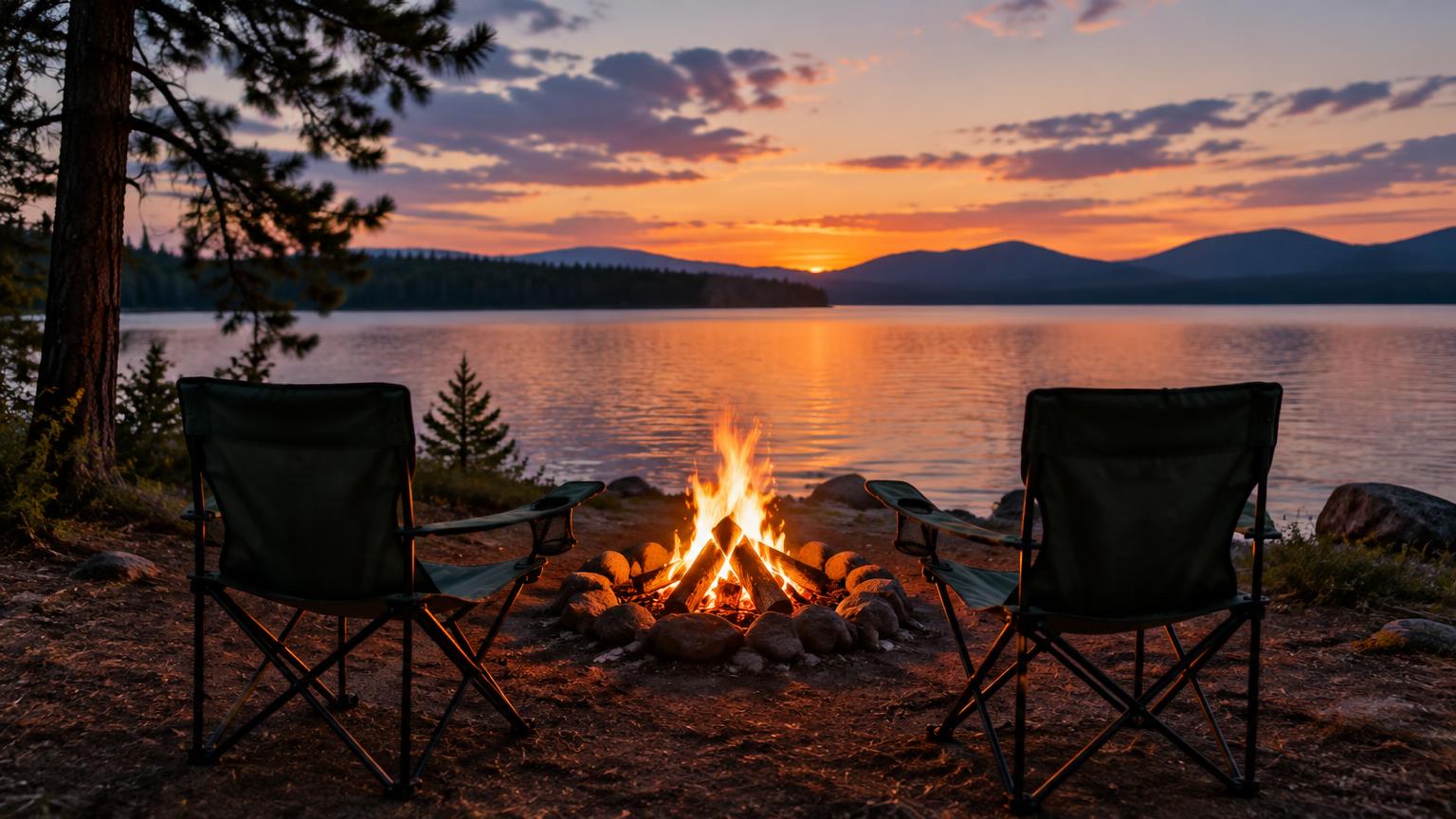 Two folding camp chairs beside a campfire at a lake at sunset