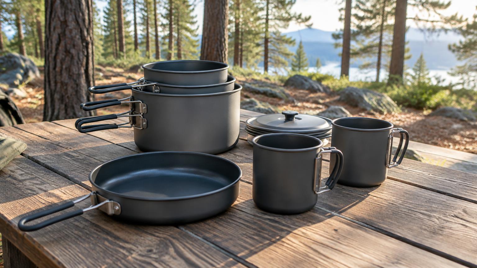 Nested camping pots, pan and mugs on a camp table