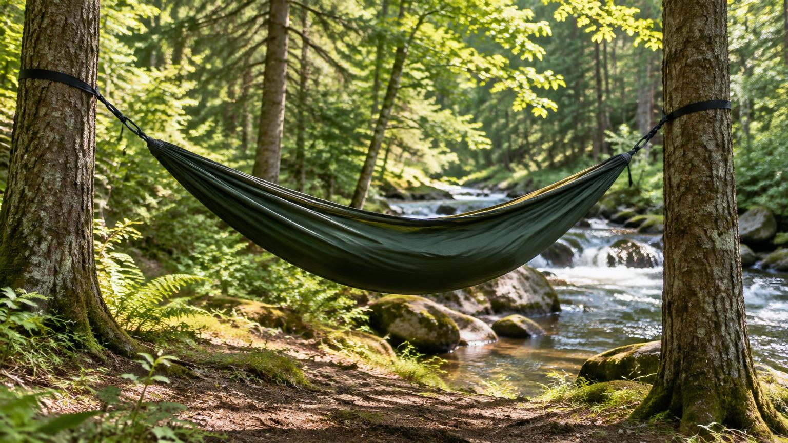 A camping hammock between two trees beside a forest stream