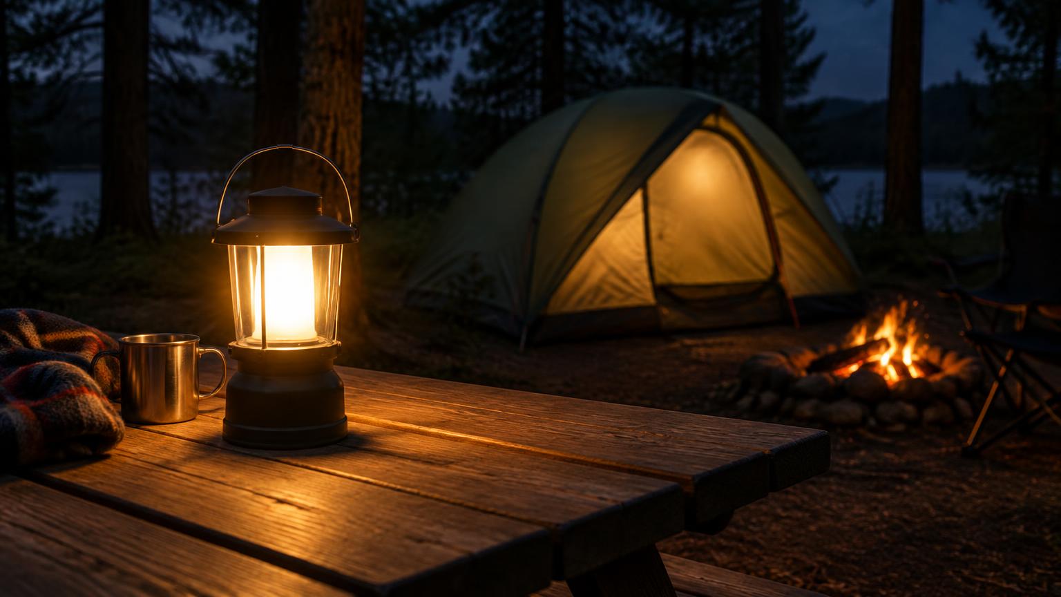 A glowing lantern on a picnic table at a night campsite
