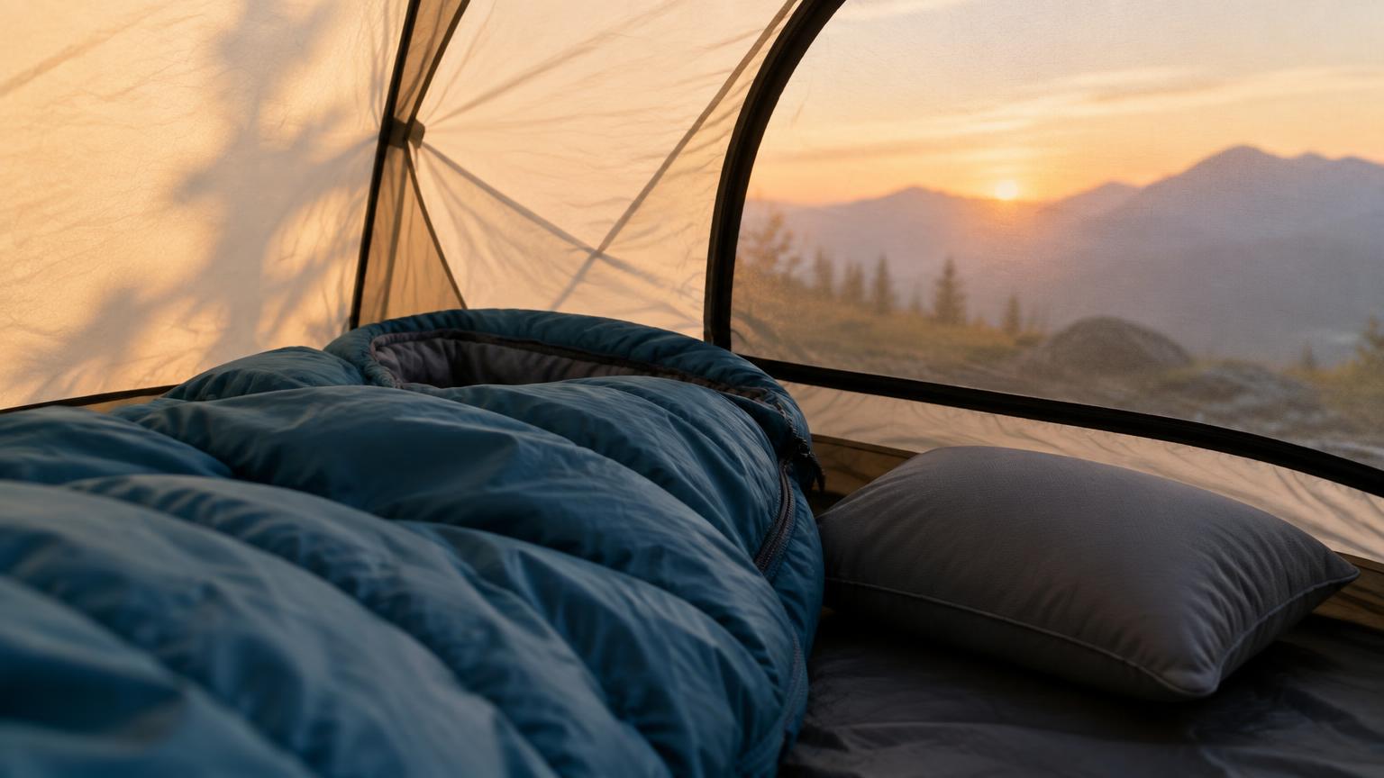 A sleeping bag and camping pillow inside a tent at sunrise