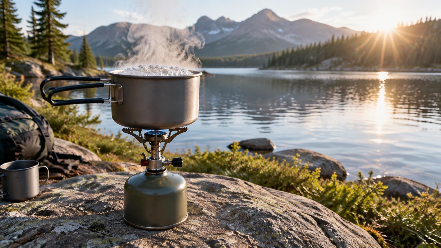 A small backpacking stove boiling water beside a mountain lake