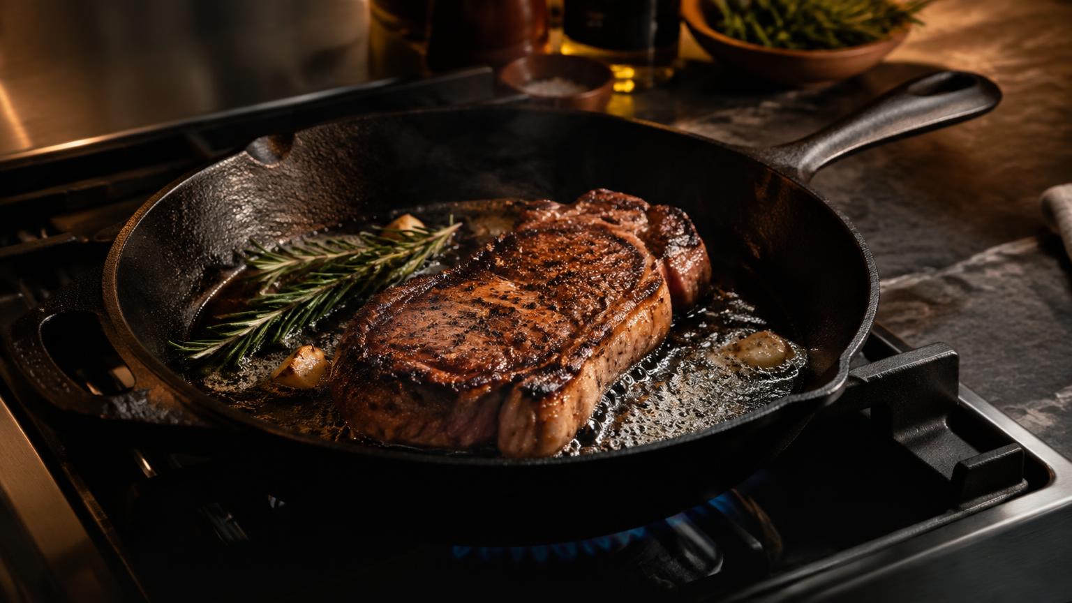 A cast iron skillet searing steak with rosemary on a gas stove
