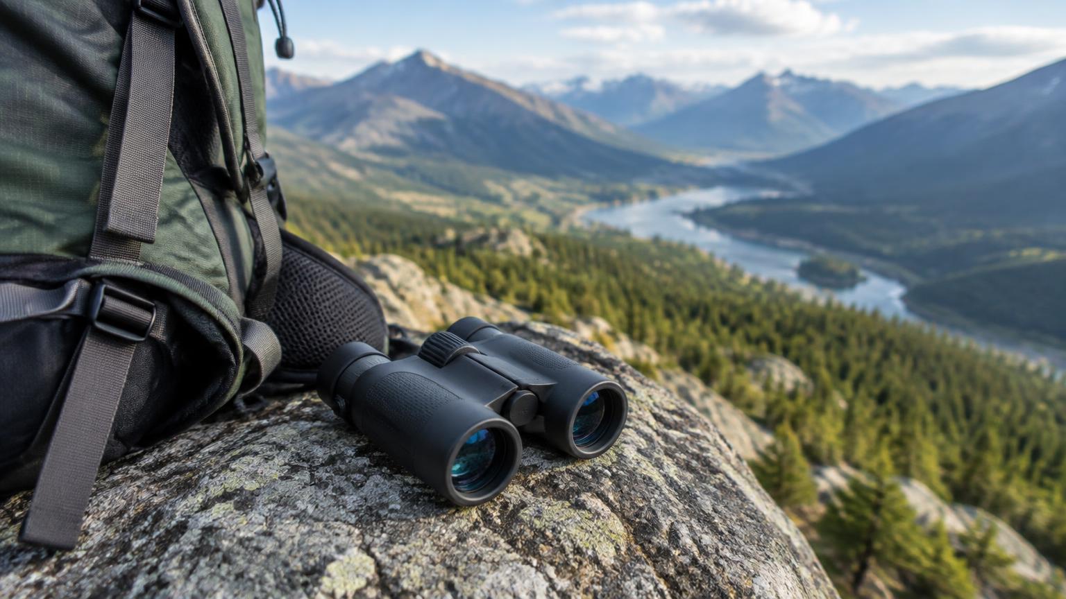 Compact binoculars on a rock above a mountain valley