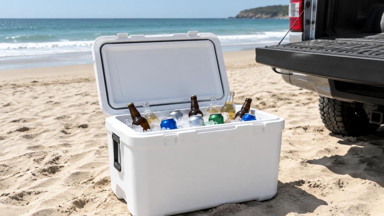 A white hard cooler full of ice and drinks on a beach beside a truck tailgate