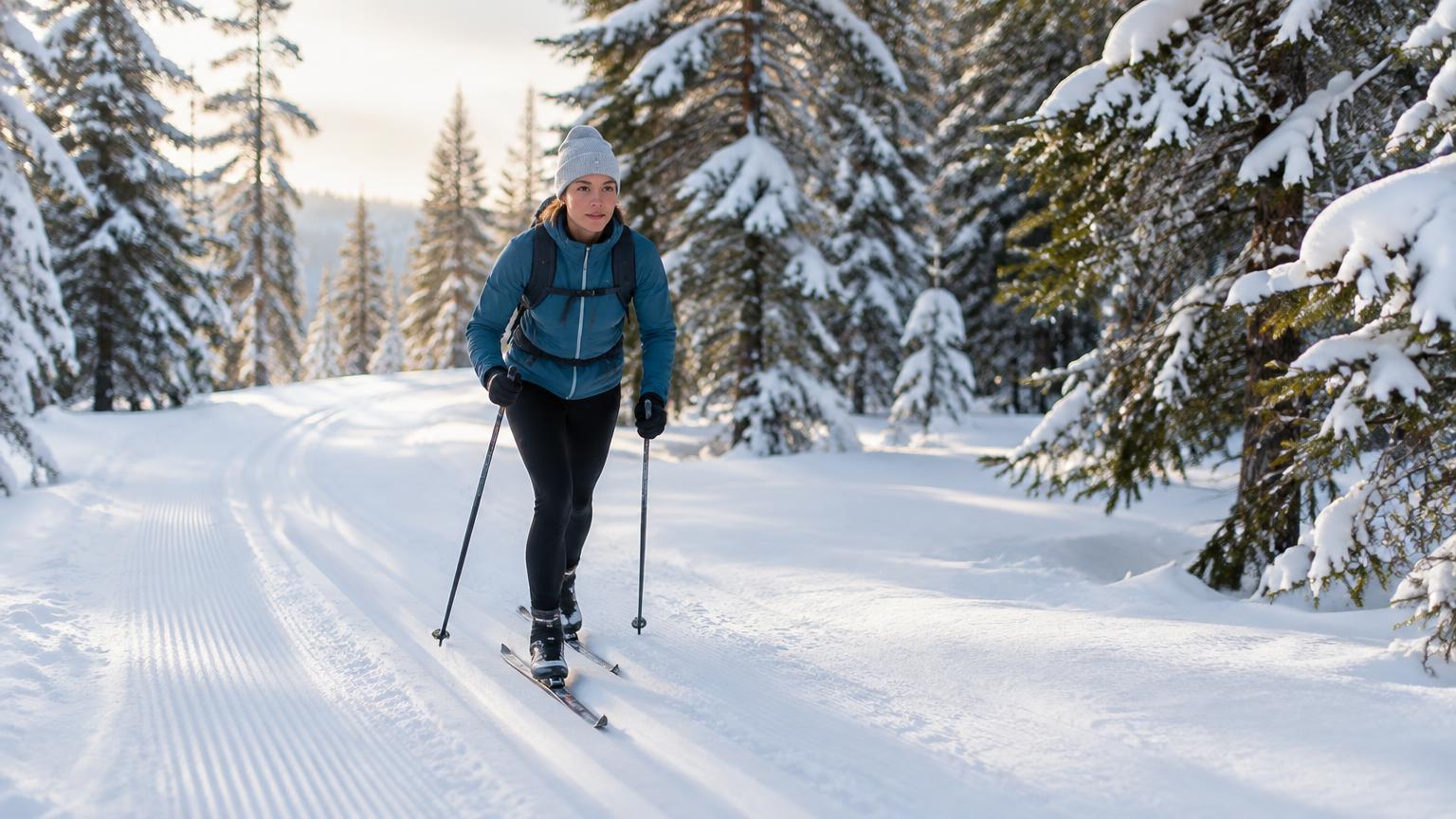 A cross-country skier on groomed tracks through a snowy pine forest