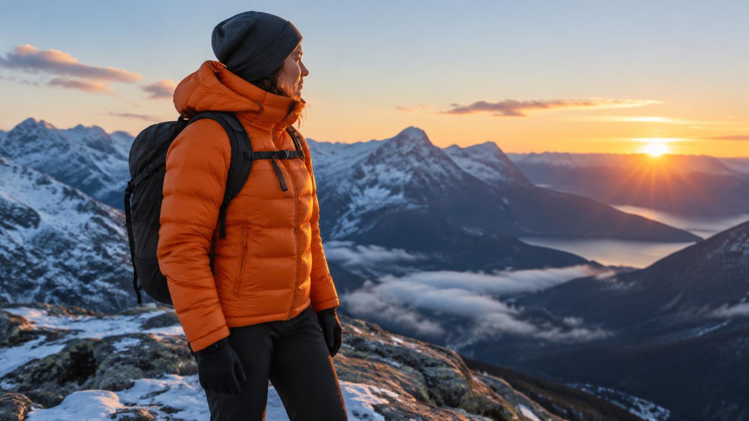 A hiker in an orange down jacket on a snowy ridge at sunrise