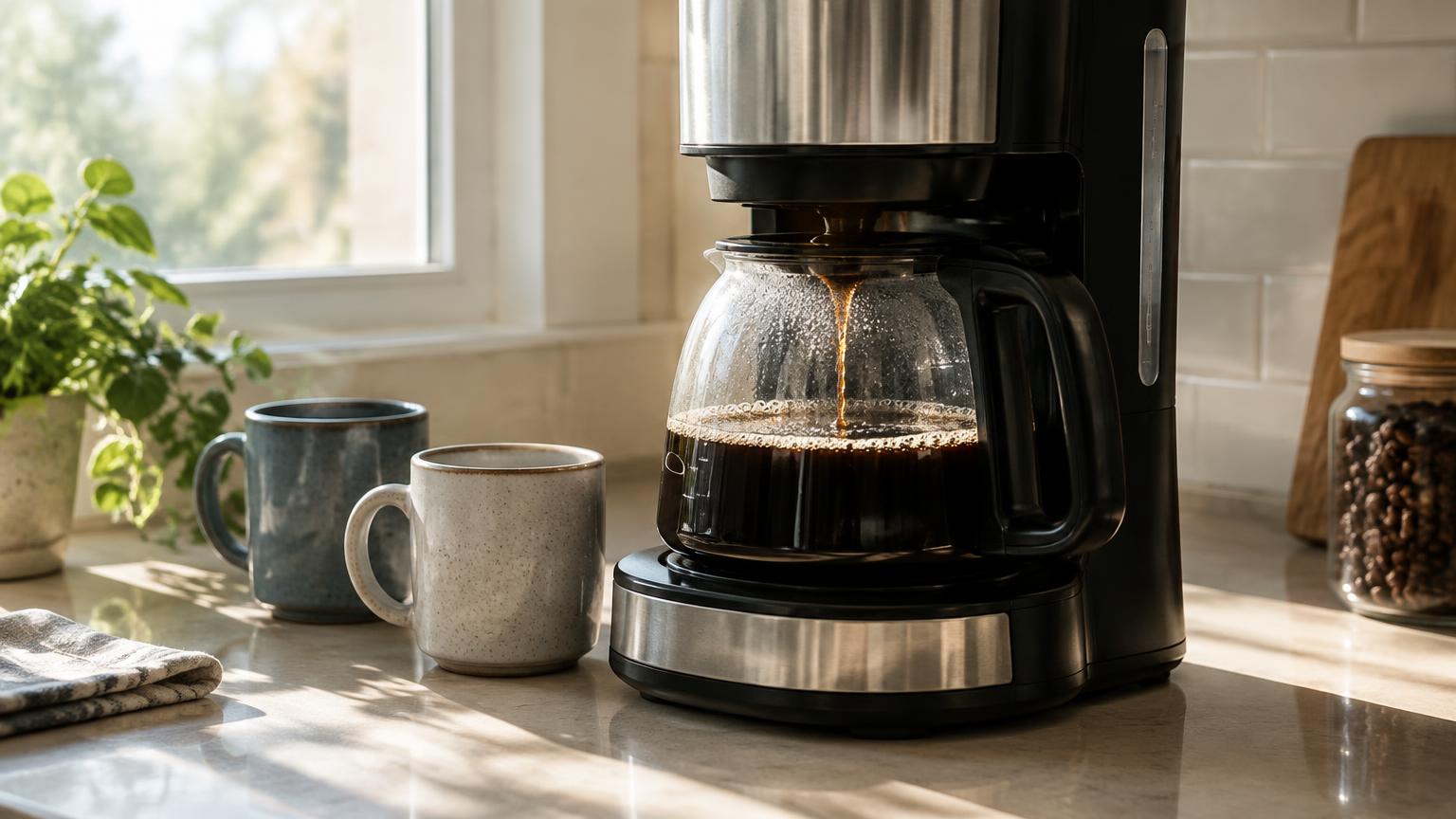 A drip coffee maker brewing into a glass carafe beside two mugs
