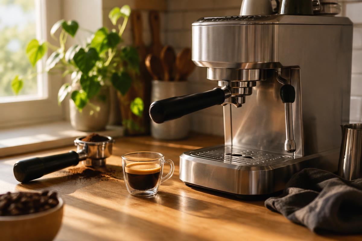 An espresso machine on a kitchen counter with a portafilter and a fresh shot
