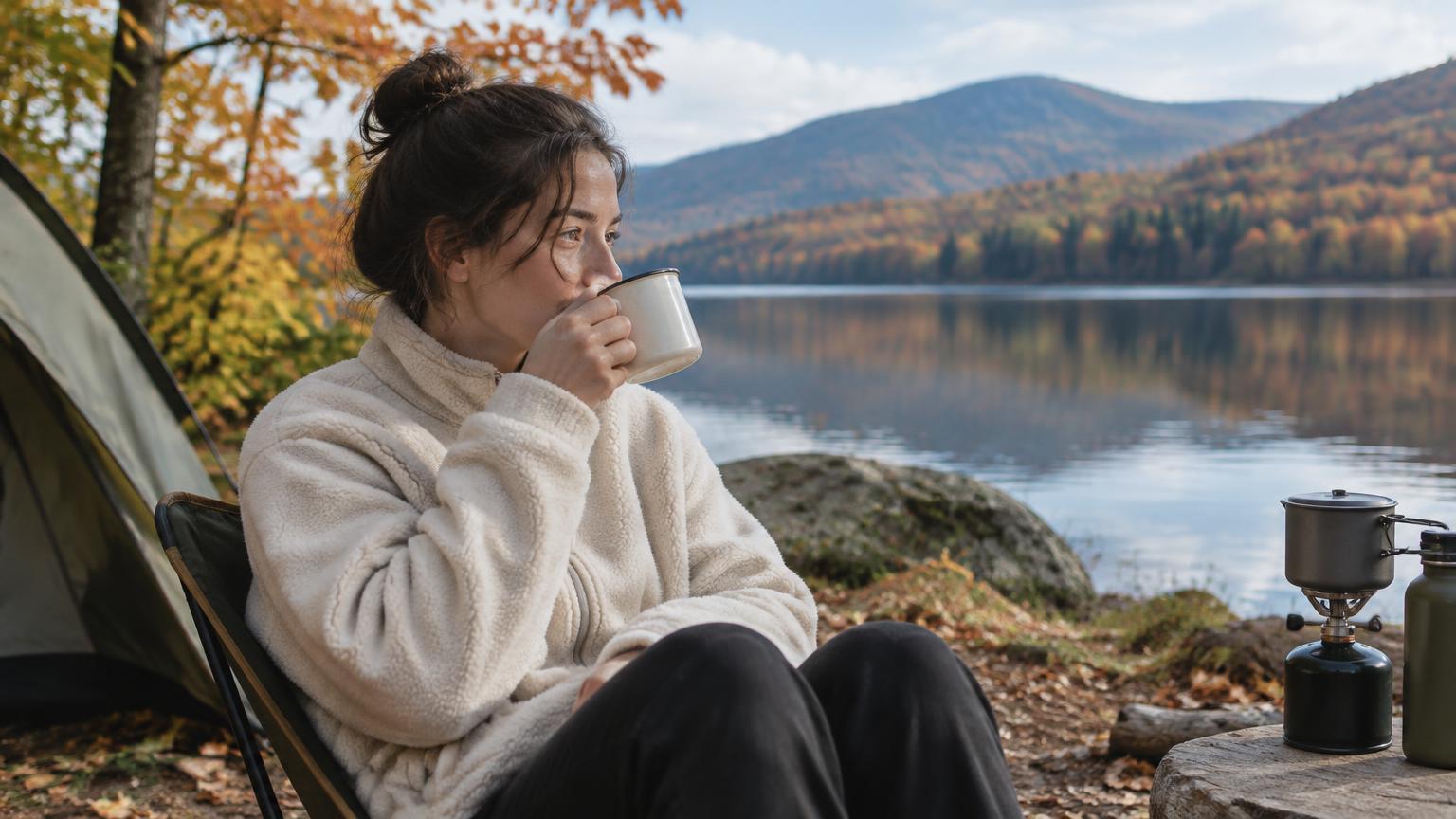 A camper in a cream fleece jacket drinking coffee by an autumn lake