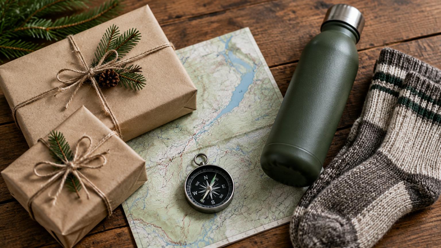 Wrapped gifts next to a trail map, compass, water bottle and wool socks