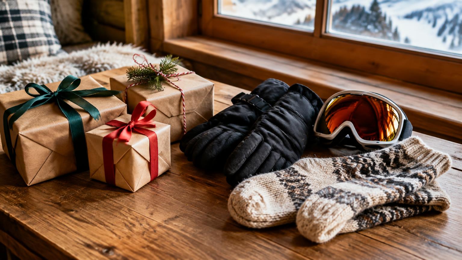 Wrapped gifts beside ski gloves, goggles and wool socks on a cabin table