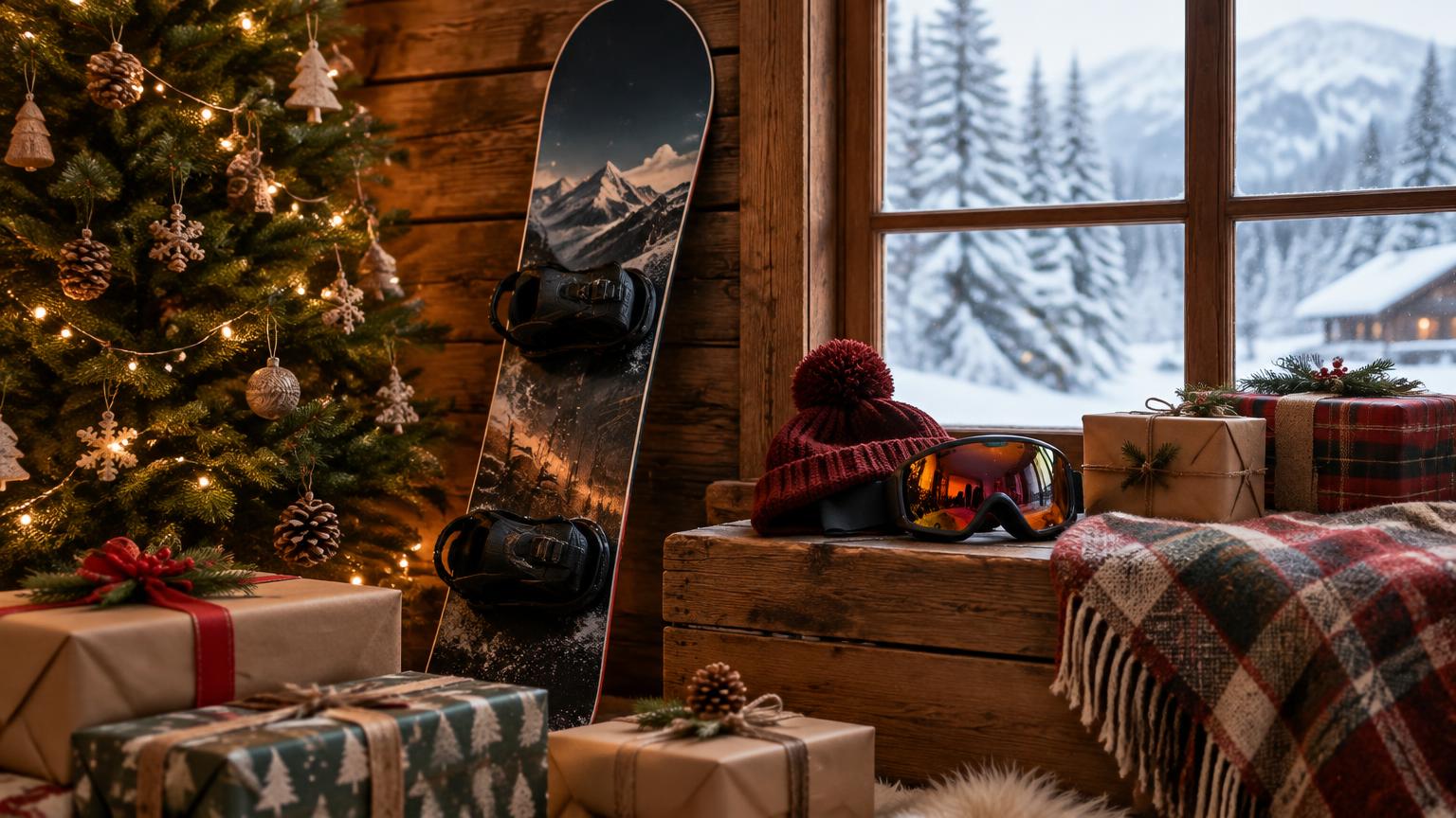 Wrapped gifts, a beanie, goggles and a snowboard by a Christmas tree