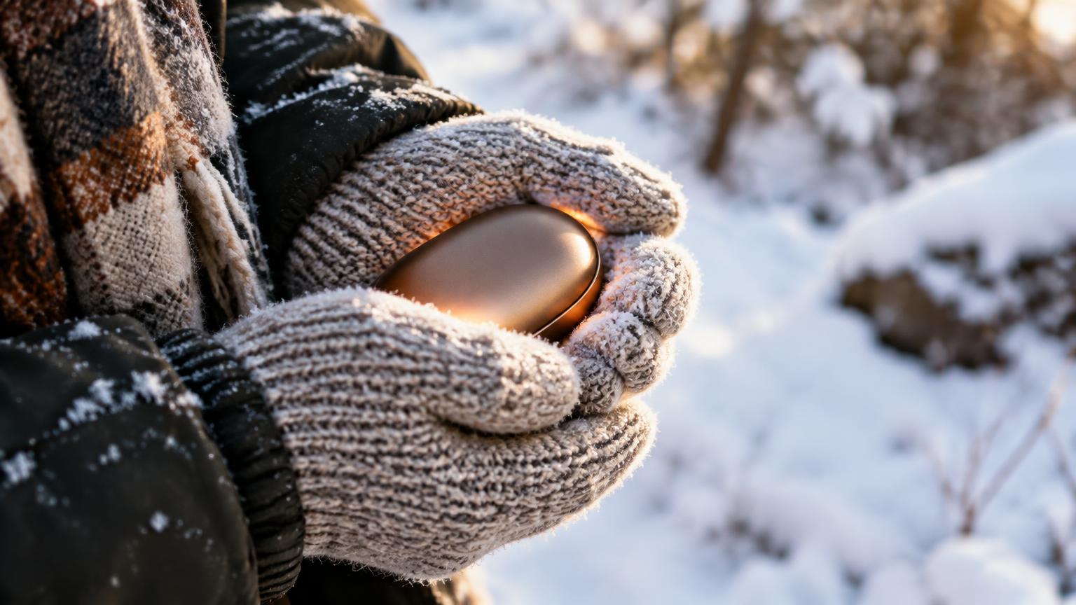 Gloved hands holding a pocket hand warmer in winter snow