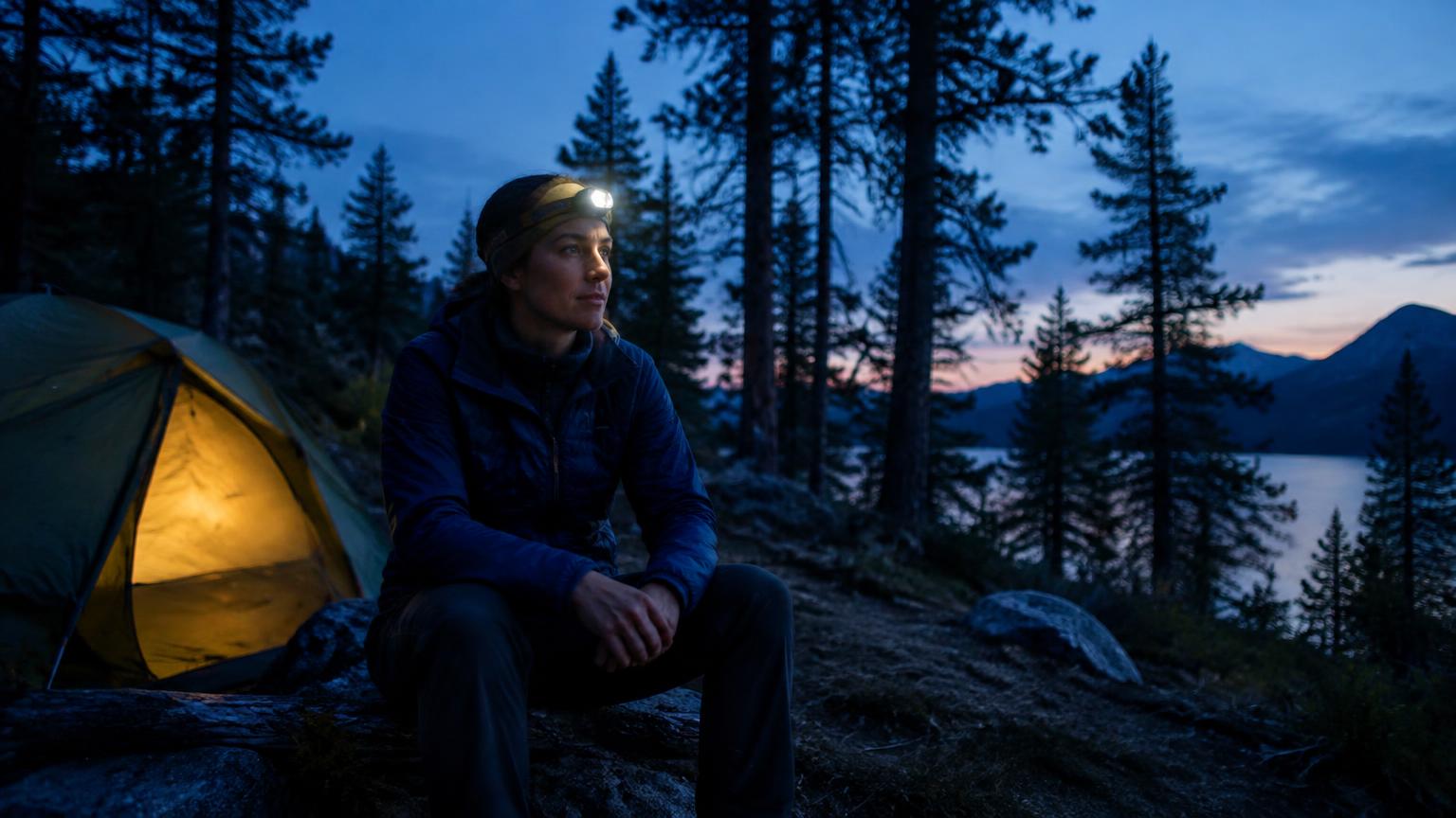 A camper wearing a lit headlamp beside a glowing tent in a pine forest at dusk