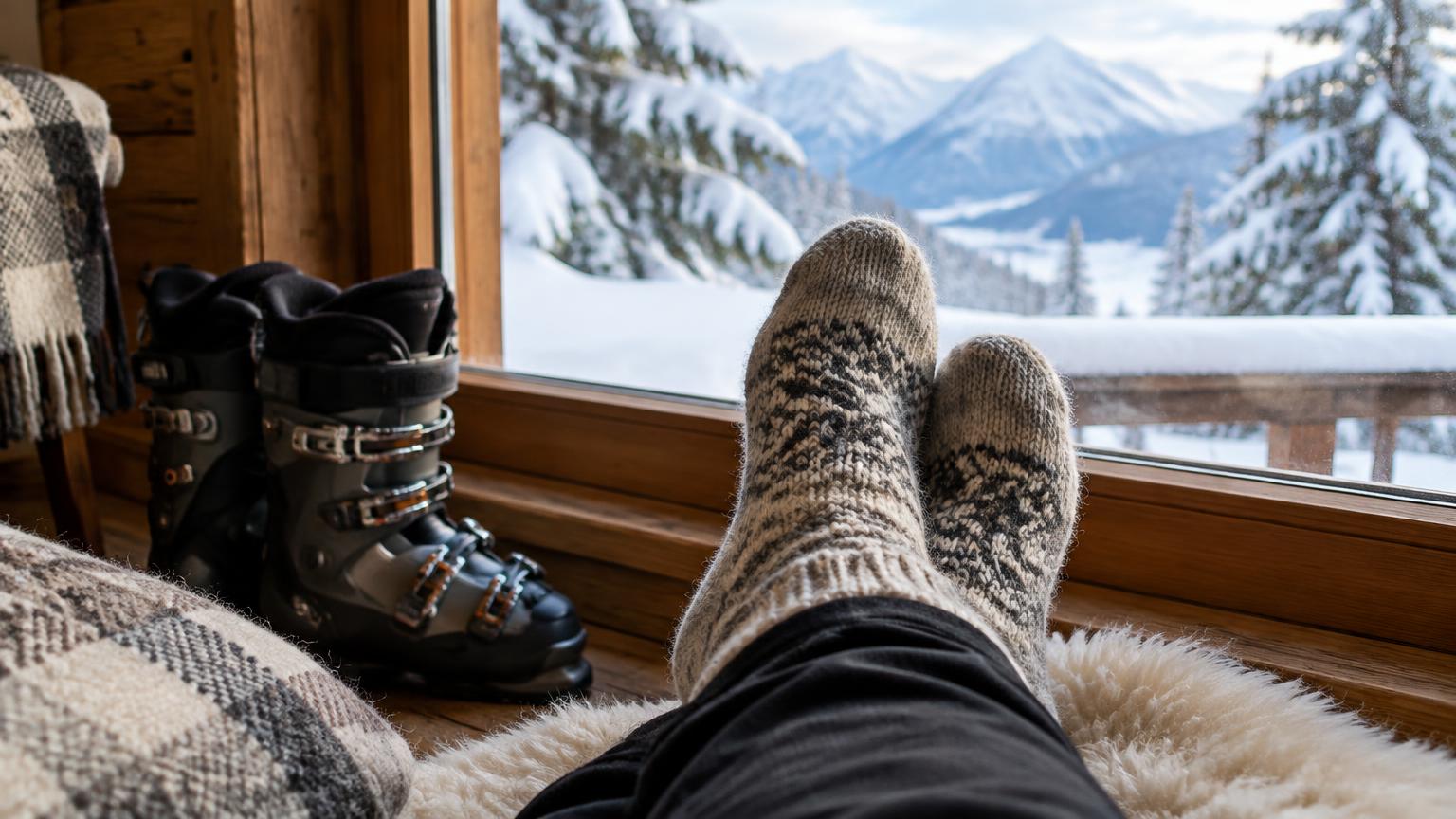 Feet in warm wool socks by a cabin window beside ski boots