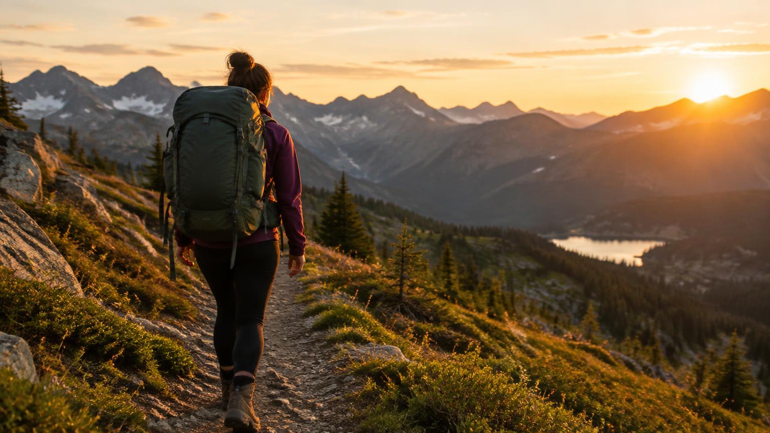 A hiker carrying a large backpack on an alpine trail at sunset