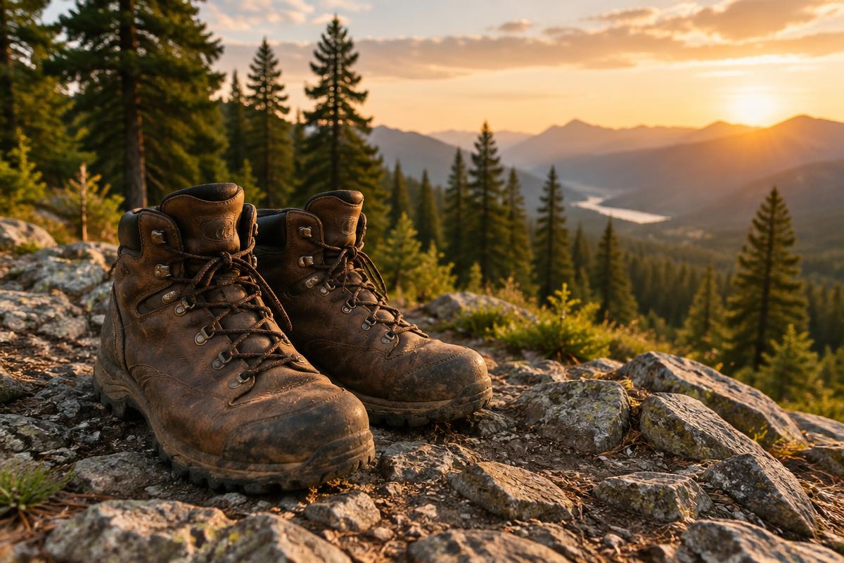 Well-worn leather hiking boots on a rocky ridge above a forested valley