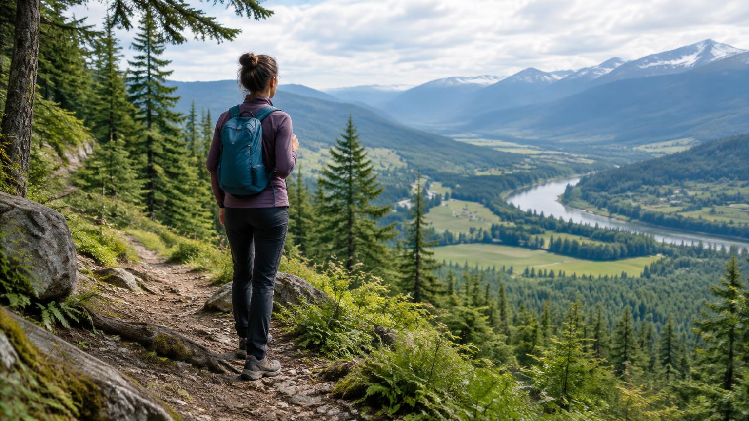 A hiker with a small day pack overlooking a forested valley