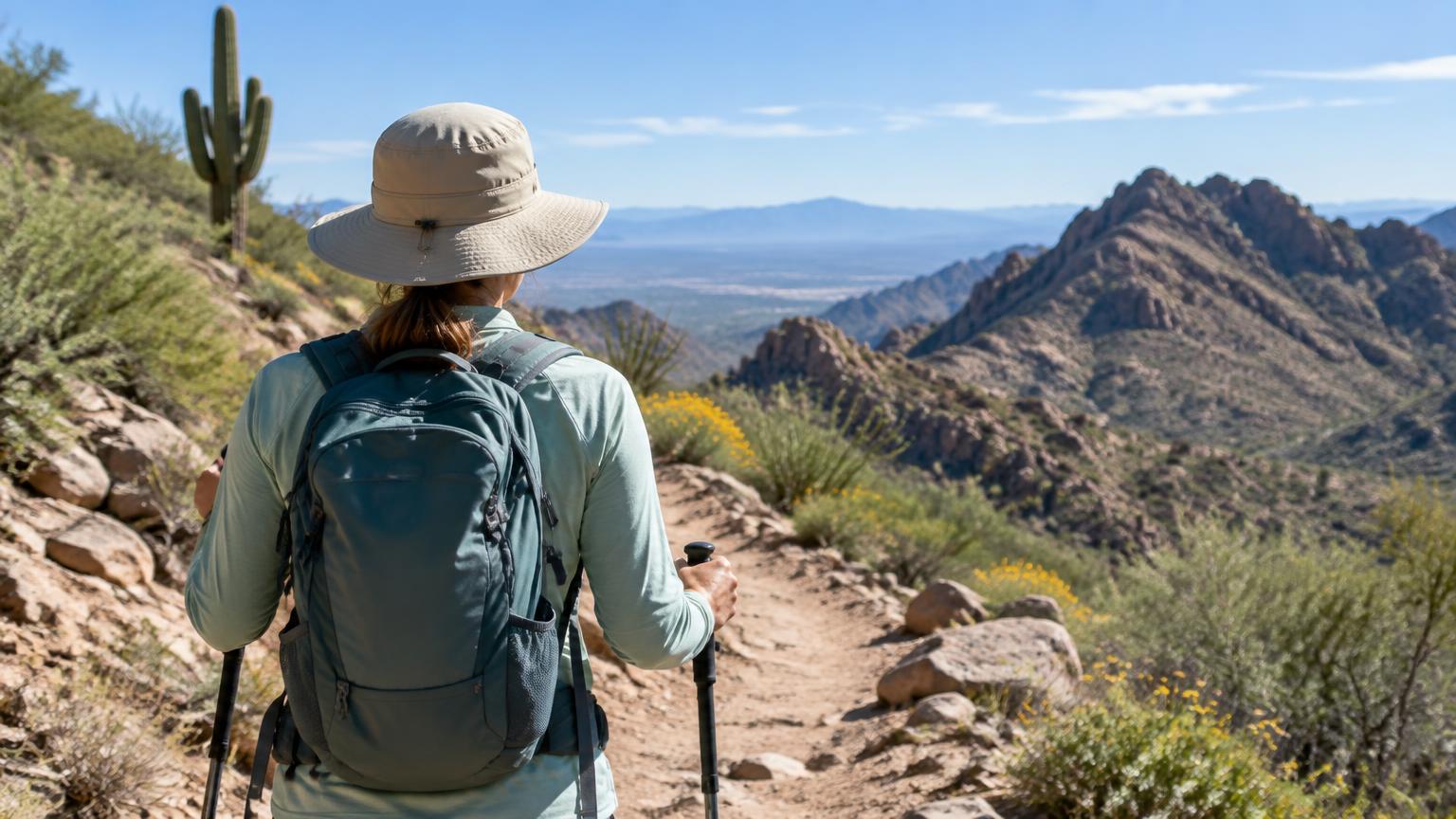 A hiker in a wide-brim sun hat on a desert mountain trail