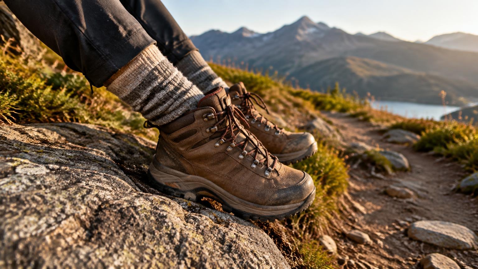 Close-up of wool hiking socks and leather boots resting on a rock beside a mountain trail
