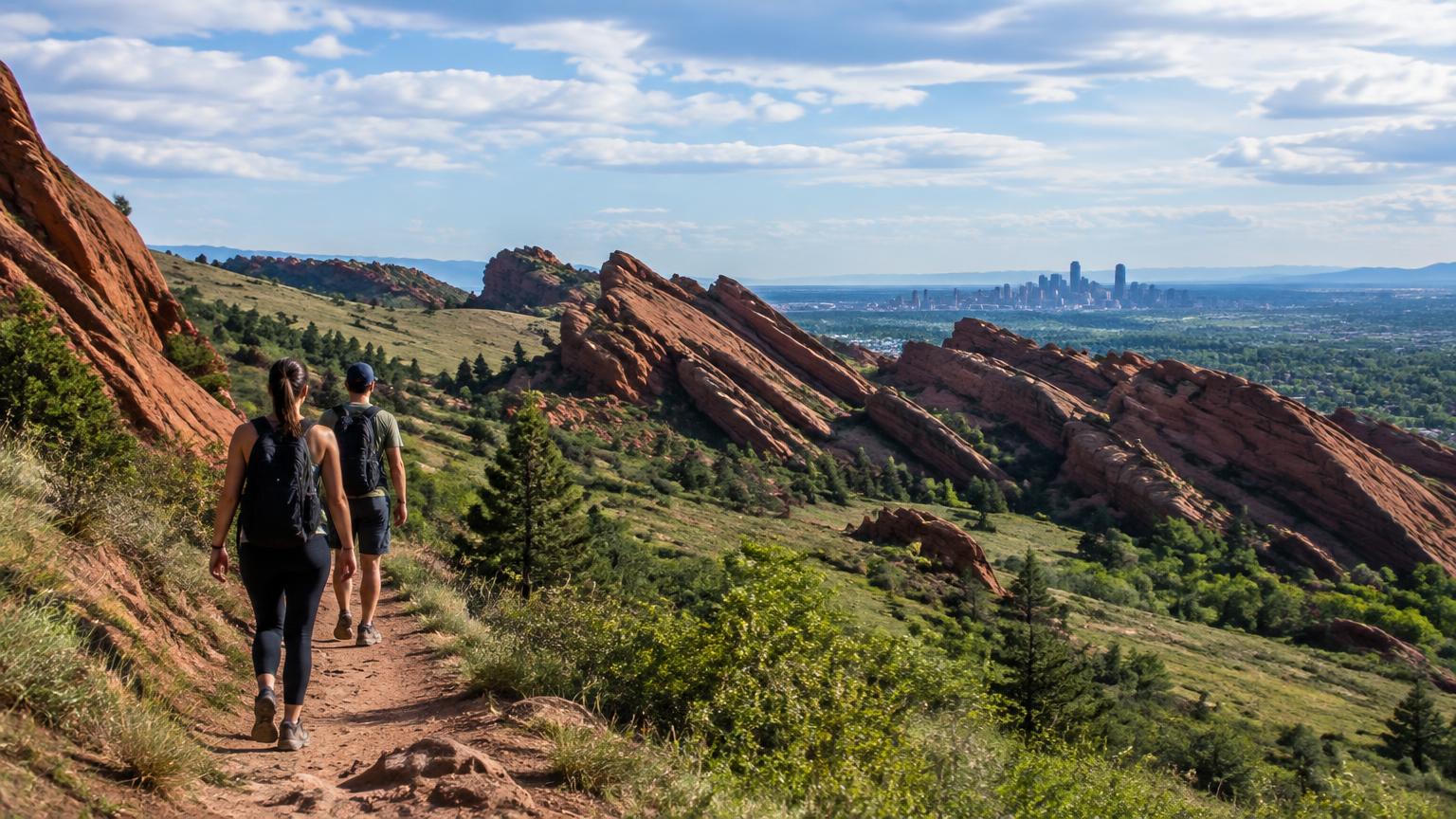 Hikers on a red rock foothills trail with the Denver skyline in the distance
