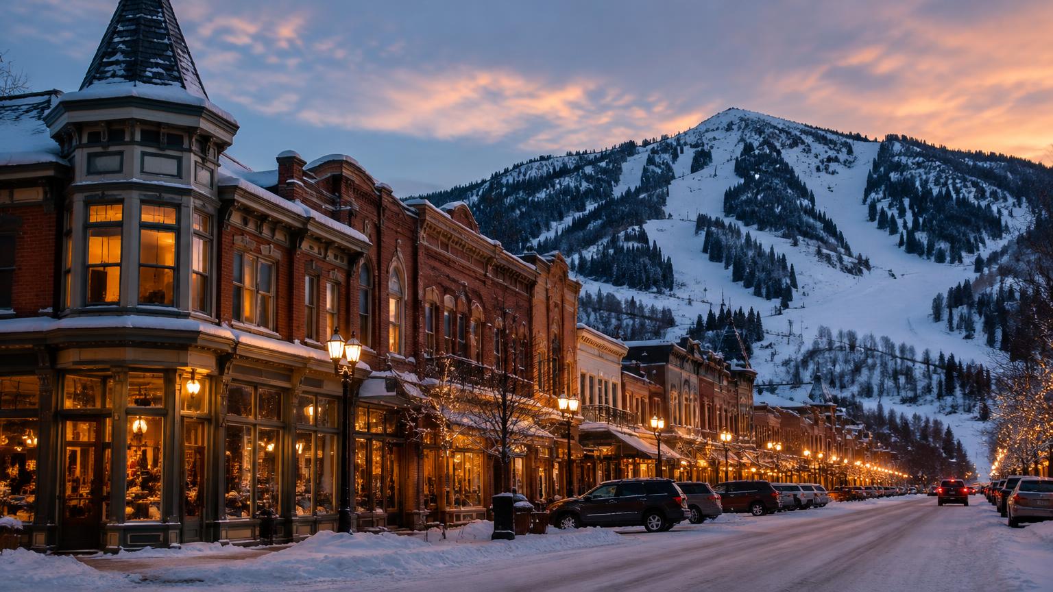A snowy historic mountain town main street at dusk below a ski hill