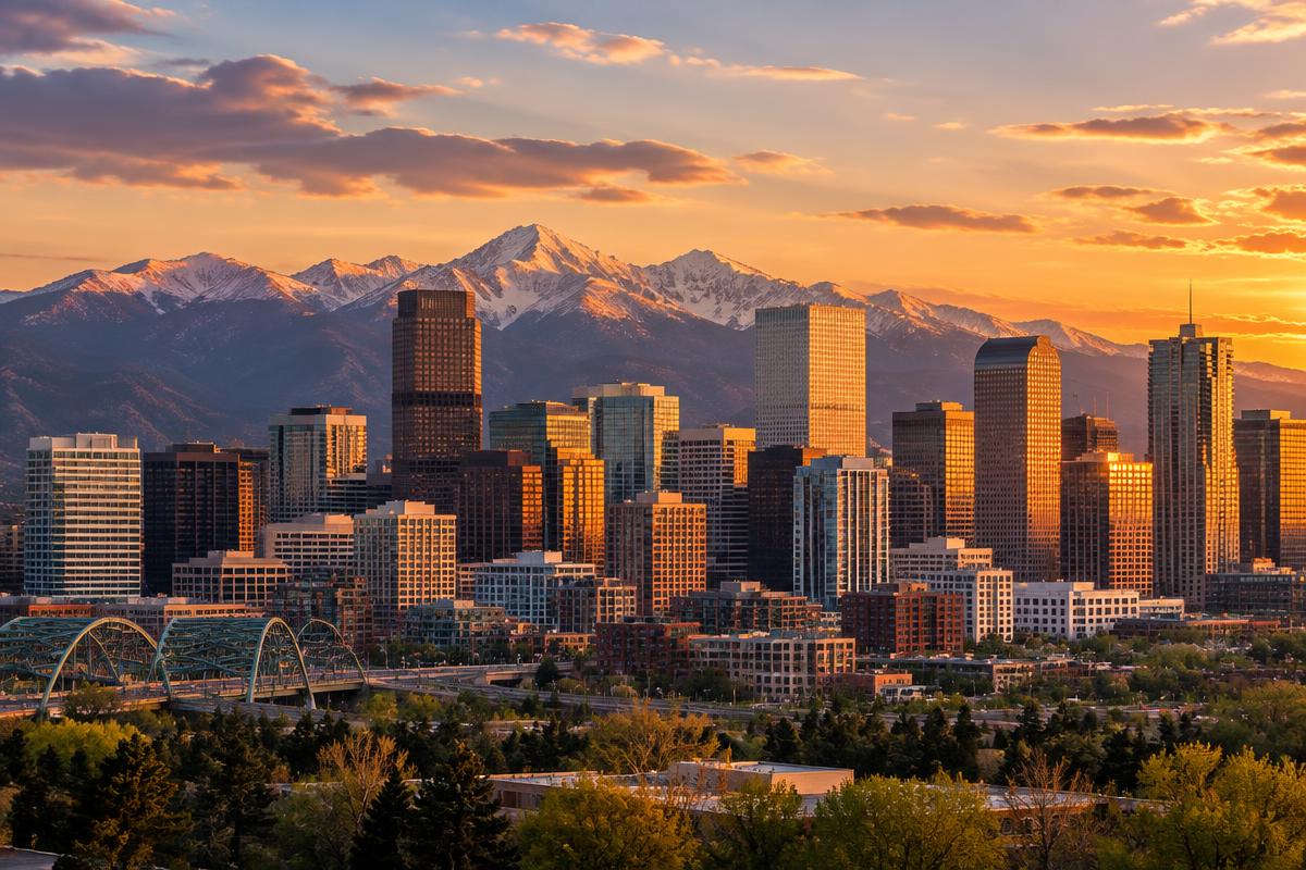 The downtown Denver skyline at sunset with the Rocky Mountains behind it