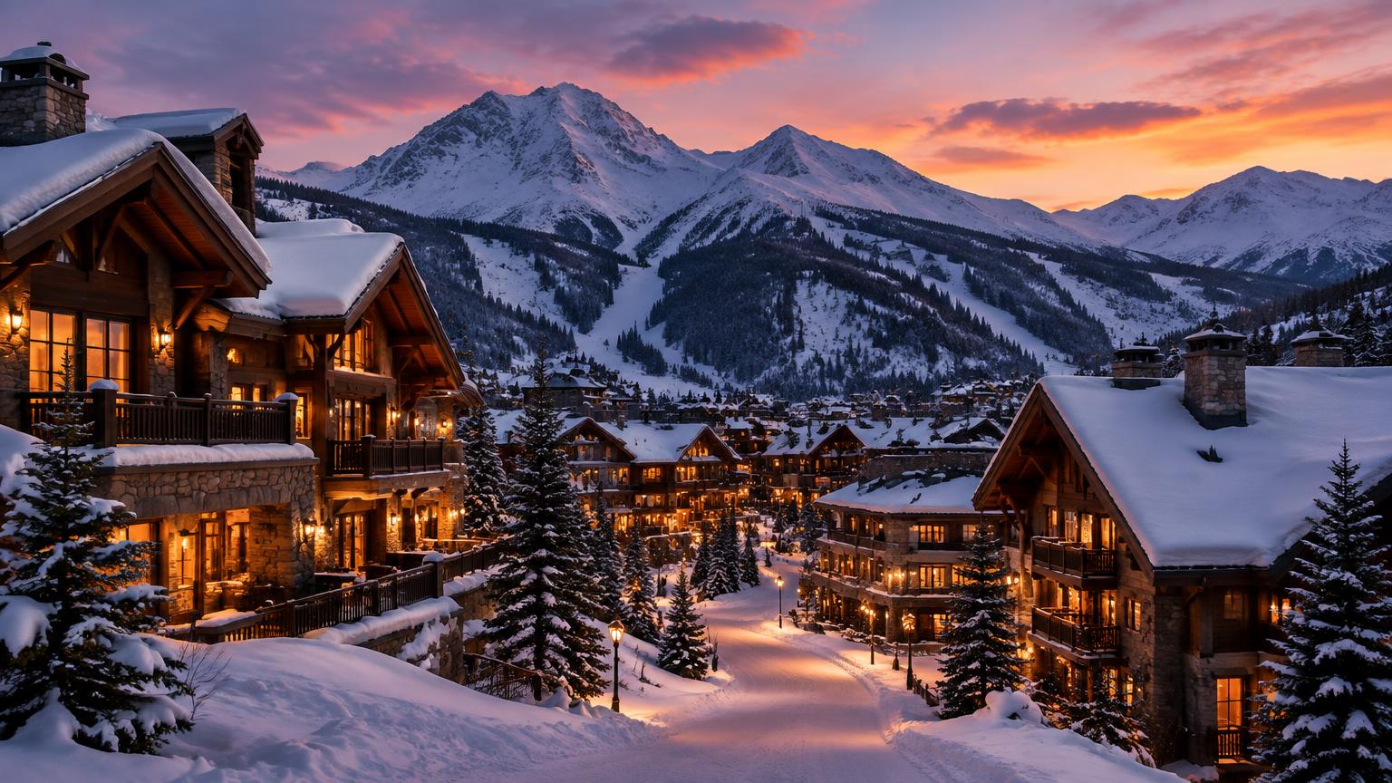 A snowy mountain village at dusk with lit chalet-style buildings