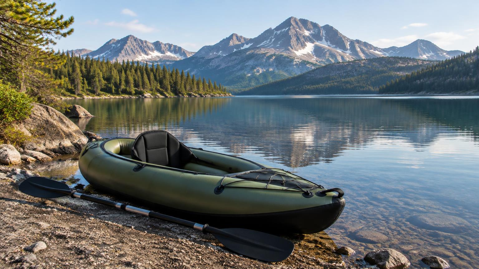 An inflatable kayak and paddle on a calm mountain lake shore