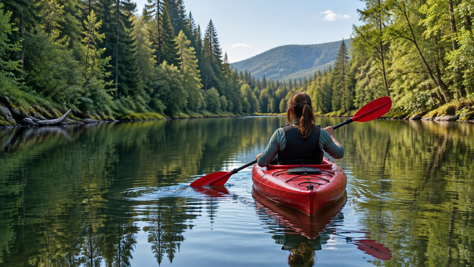 A paddler in a red kayak on a glassy forest river
