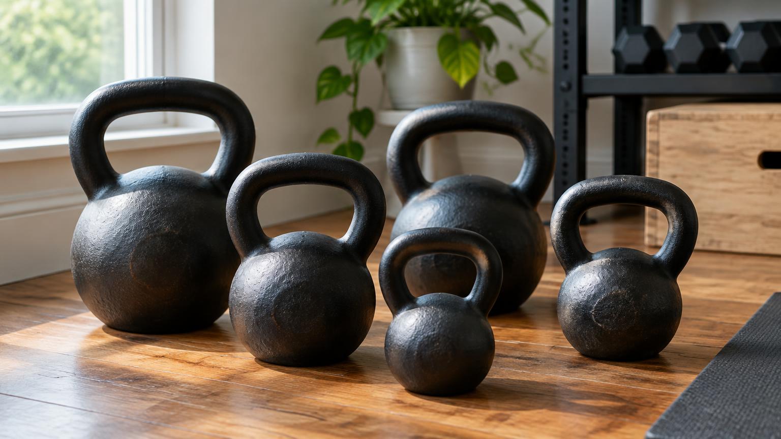 Cast iron kettlebells on a wooden home gym floor
