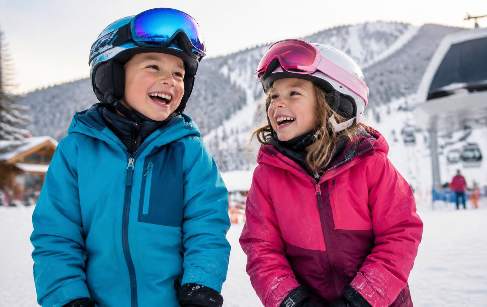 Two laughing children in insulated ski jackets, helmets and goggles at the base of a ski area