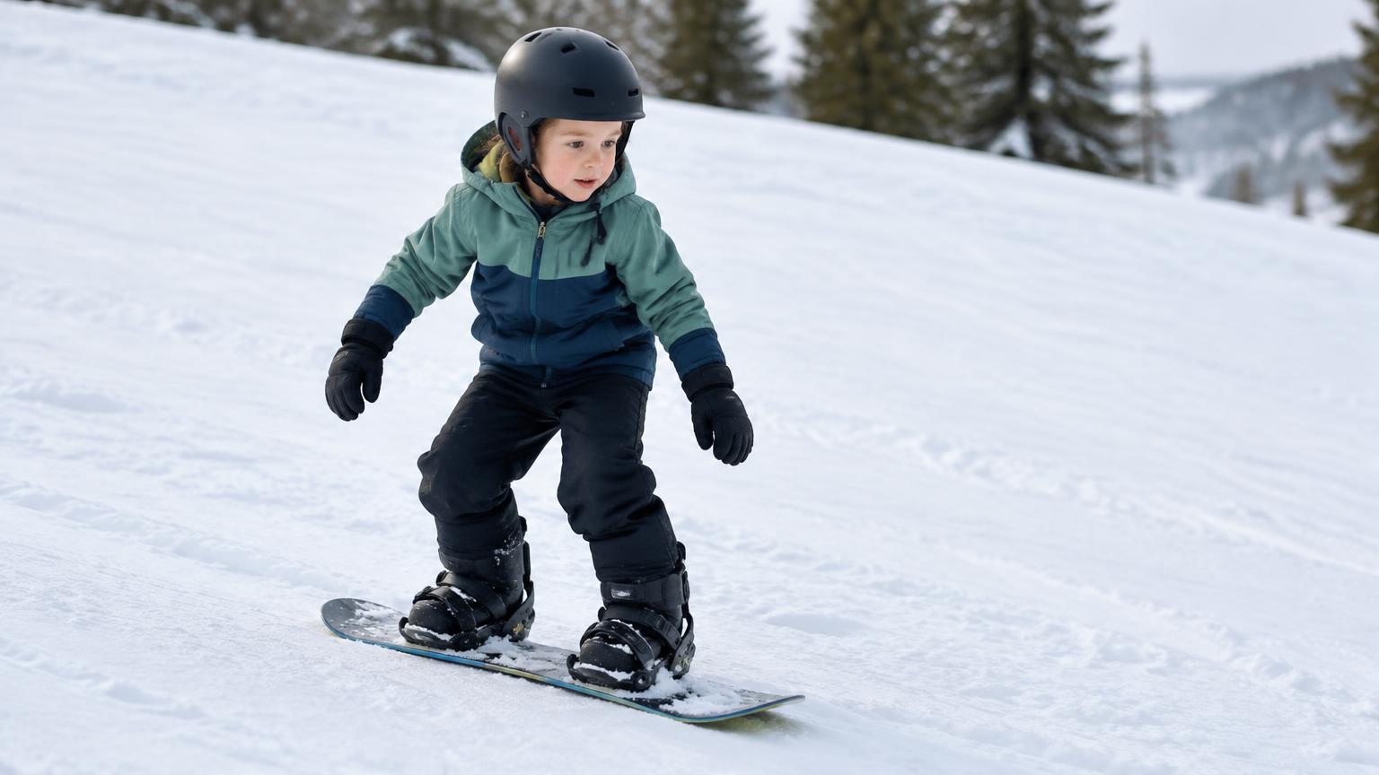 A young child learning to snowboard on a gentle slope
