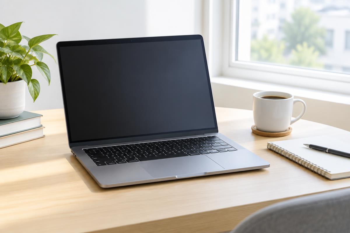 An open laptop on a bright wooden desk with a coffee cup and notebook