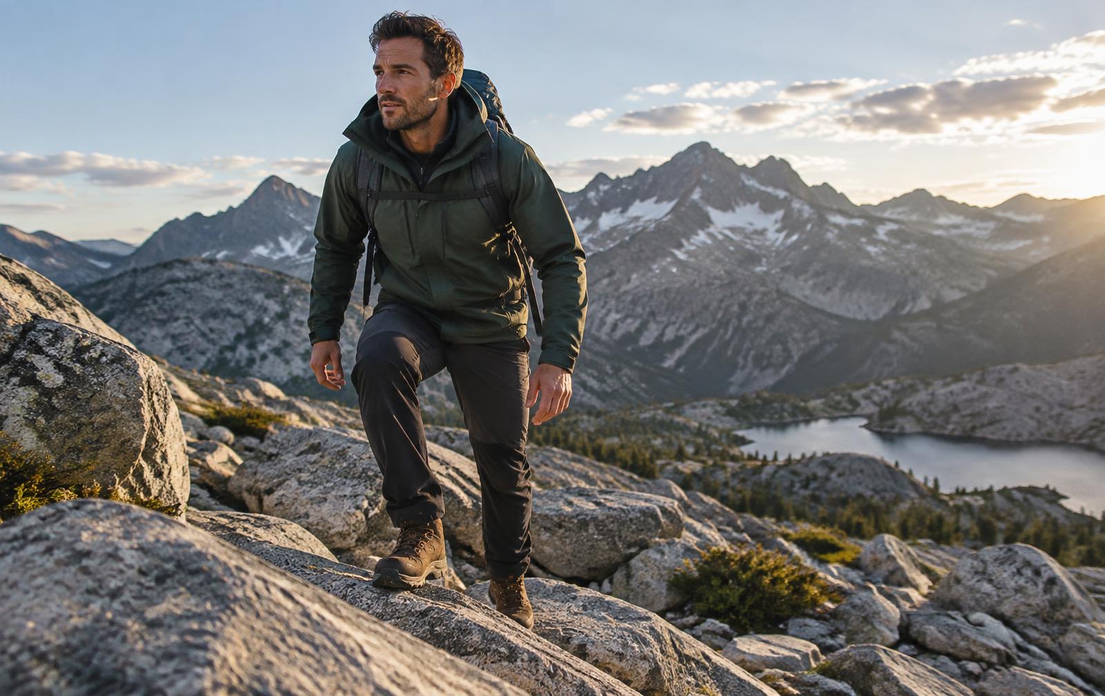 A man in a green shell jacket stepping up granite boulders above an alpine lake at sunset