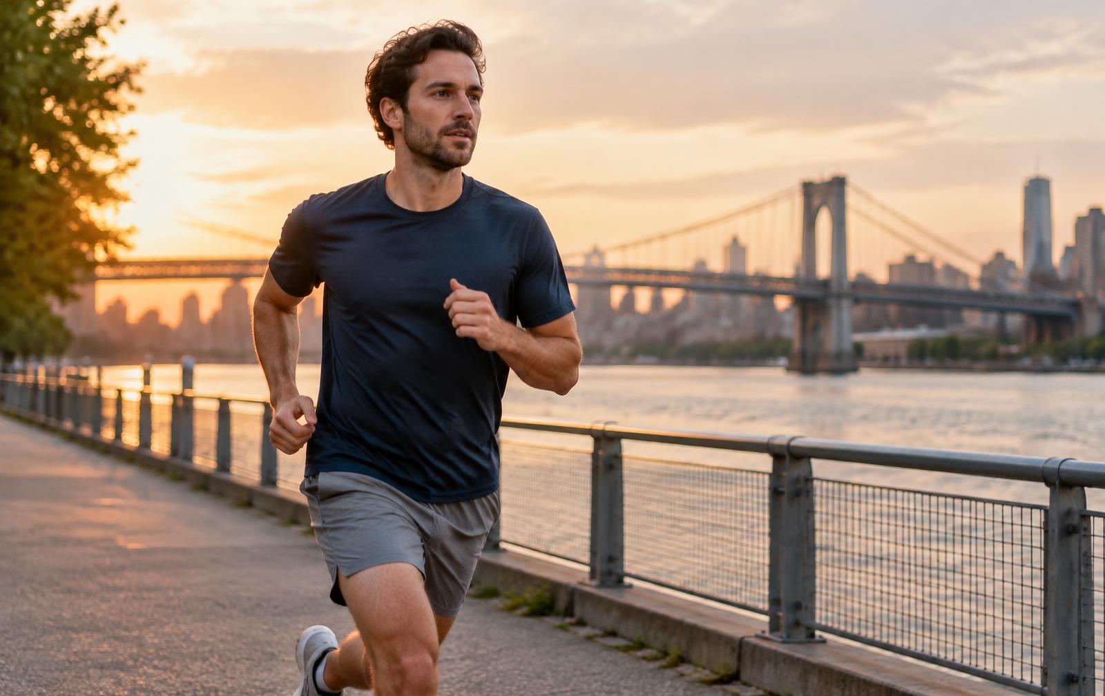 A man in a navy t-shirt running on a riverside city path at sunset with a suspension bridge behind