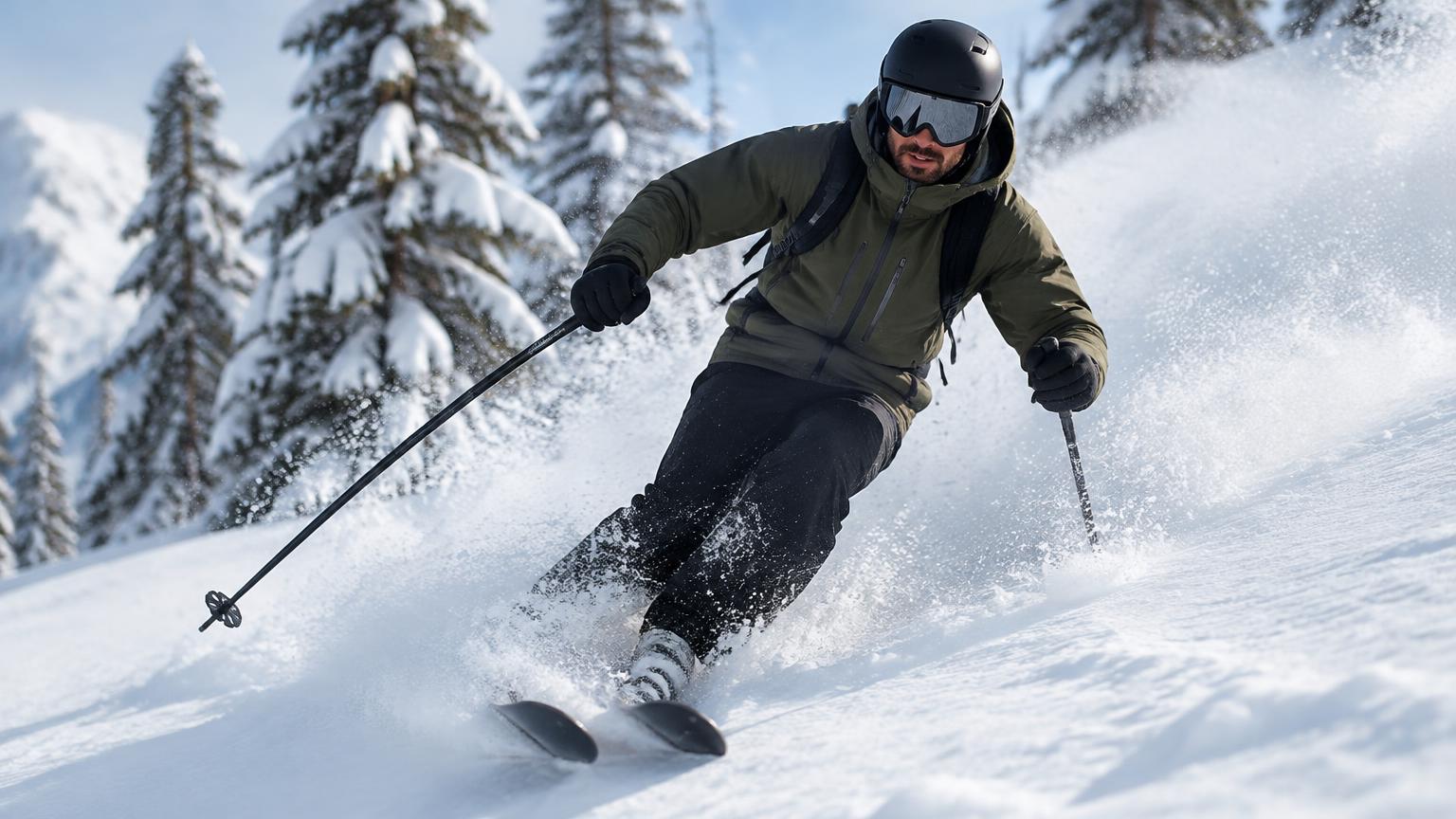 A skier in dark ski pants carving through fresh powder