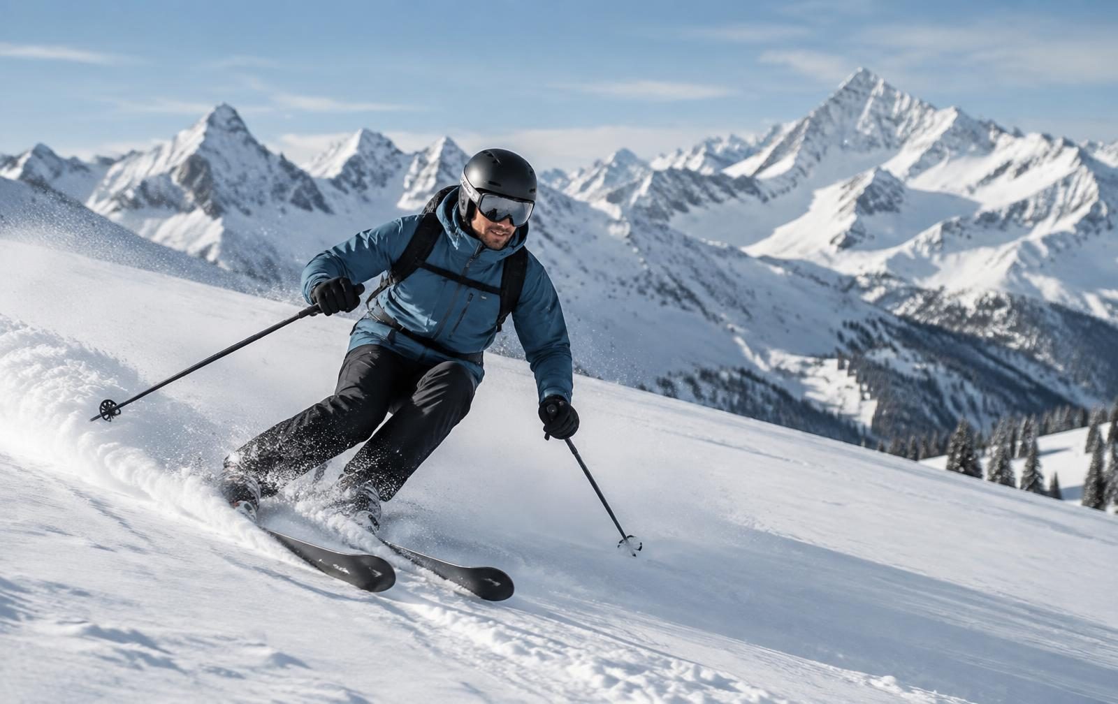 A man in a blue ski jacket making a turn on an open slope with jagged alpine peaks behind him