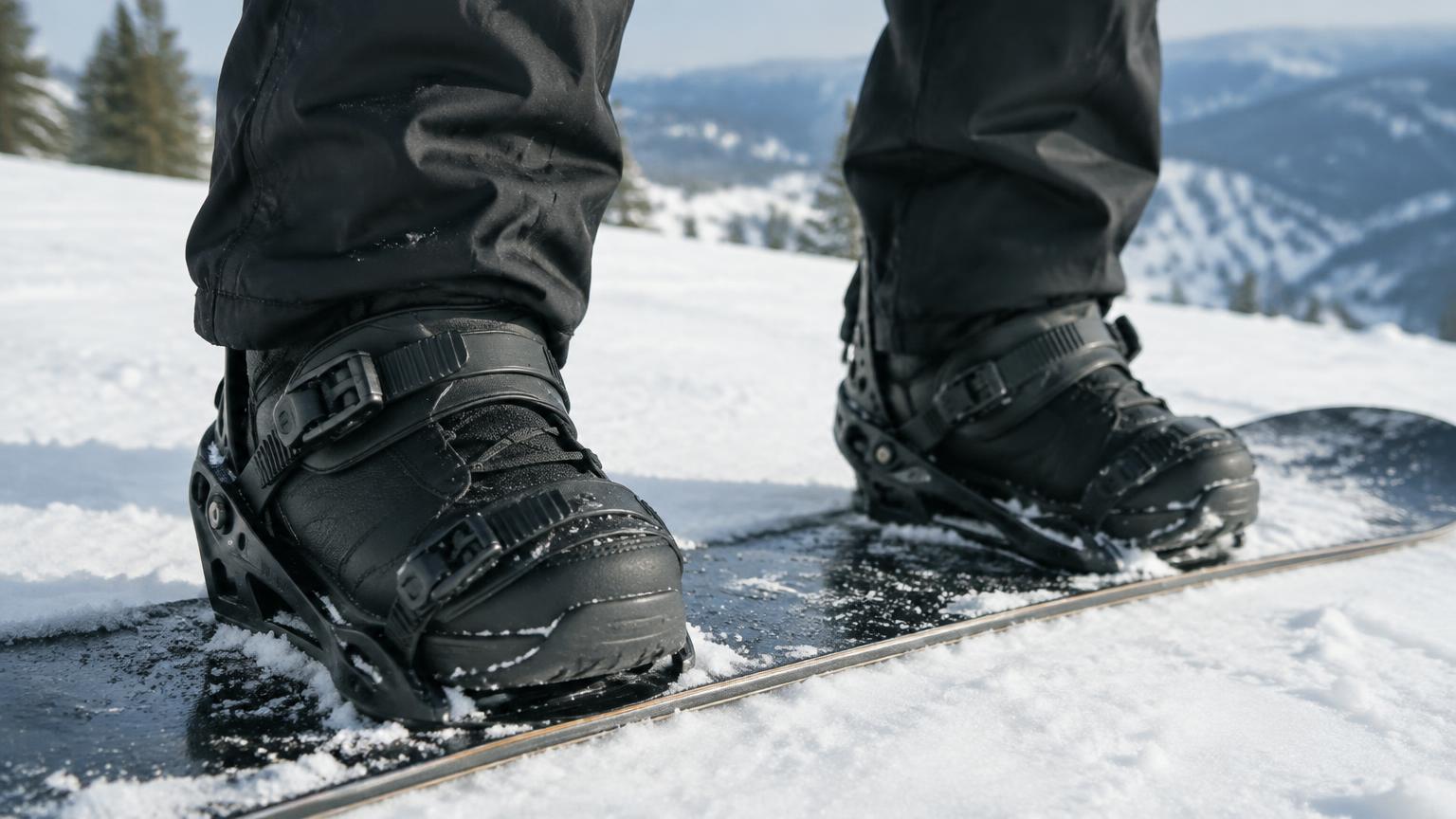 Black snowboard boots strapped into bindings on a snowy slope
