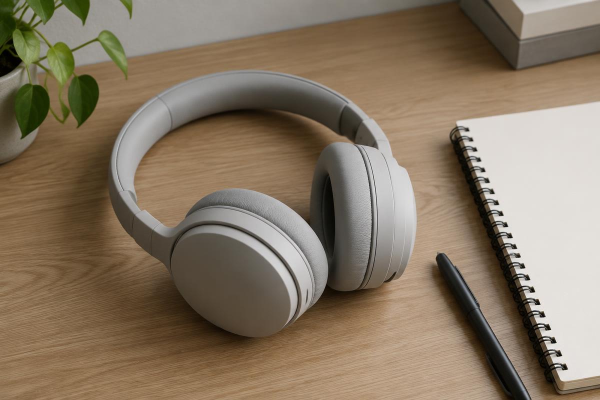 Over-ear headphones resting on a desk next to a notebook and pen